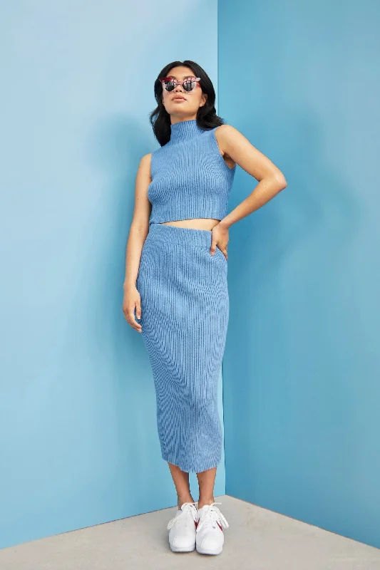 Glamorous Care Denim Blue High Waisted Ribbed Midi Skirt