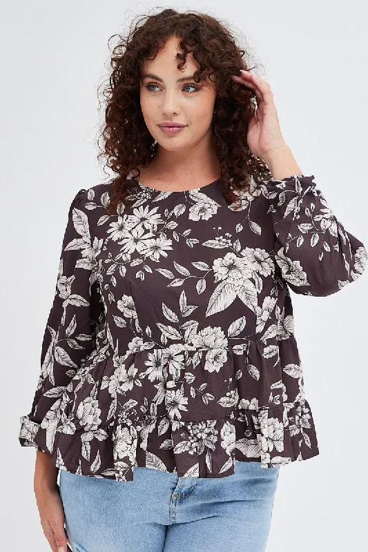 Brown Floral Smock Top Long Sleeve Tiered