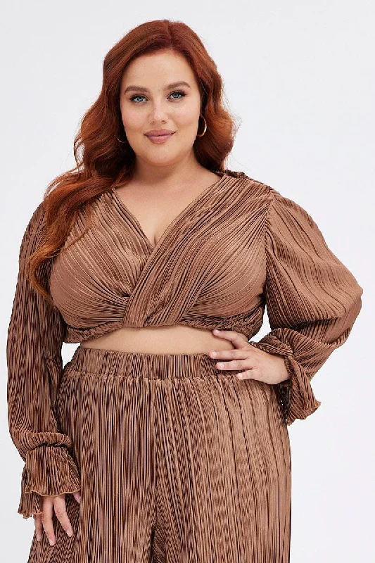 Brown Wrap Top Long Sleeve Crop Plisse