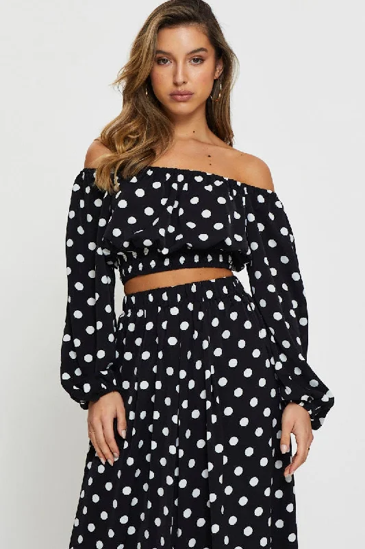 Polka Dot Crop Top Long Sleeve Off Shoulder