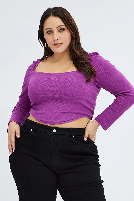 Purple Rib Top Corset Style Long Sleeve Square Neck