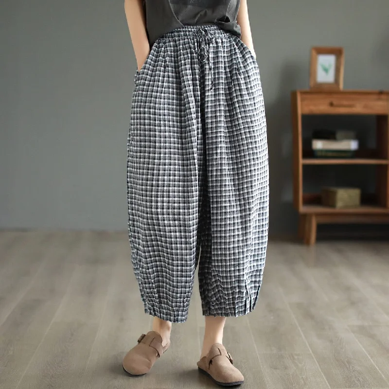 Women Summer Plaid Cotton Linen Pants