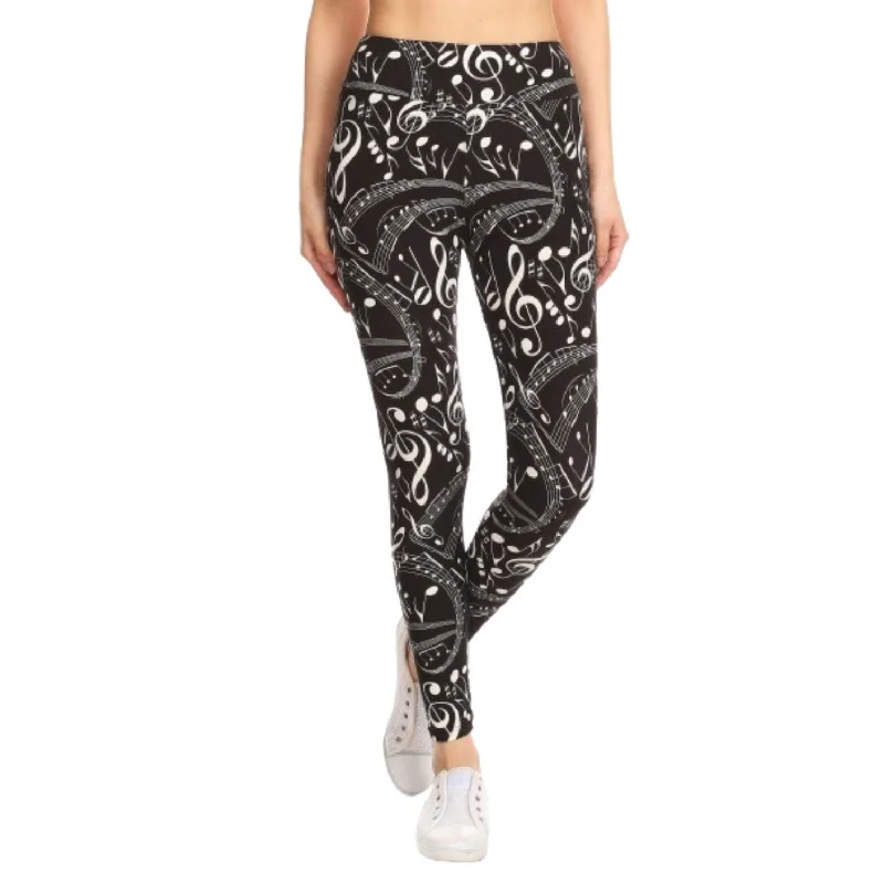 Yoga Style Banded Lined Music Note Print, Full Length Leggings In A Slim Fitting Style With A Banded High Waist