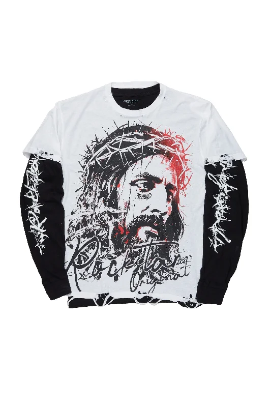 Bedros White Double Layer Long Sleeve Graphic T-Shirt