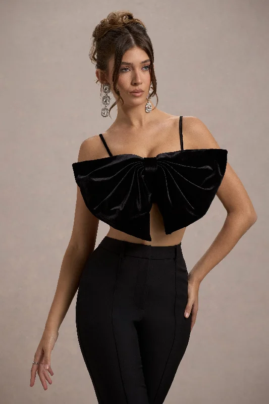 Adya | Black Velvet Strappy Bow Crop Top