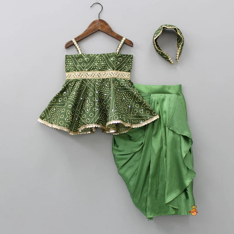 Faux Mirror Work Mehendi Green Top And Stylish Dhoti Skirt With Matching Hair Band