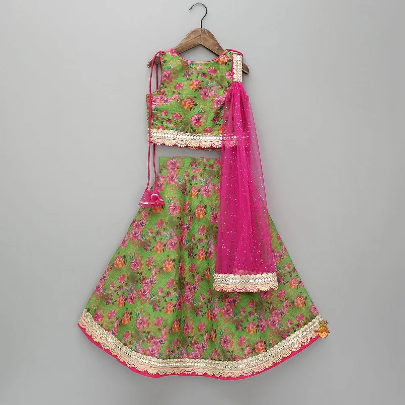 Floral Printed Top And Lehenga With Pink Dupatta