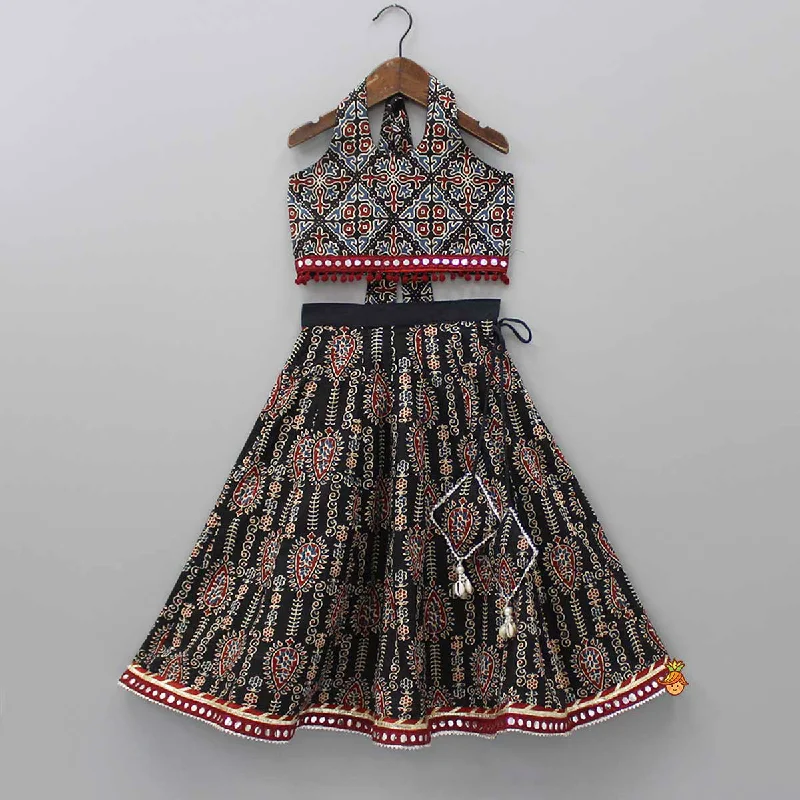 Halter Neck Smocked Back Printed Top And Lehenga