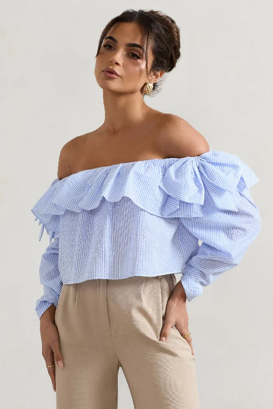 Harbour | Blue Pinstripe Bardot Puff-Sleeve Top With Bows