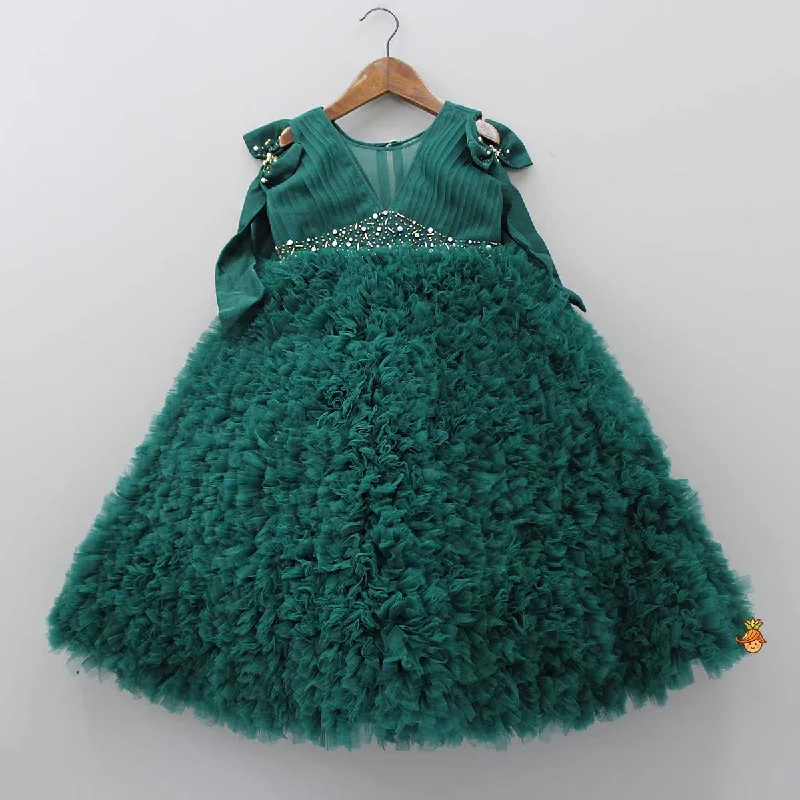 Pleated Yoke Ruffled Green Fancy Gown