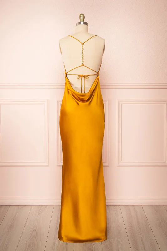 Areane Yellow | Cowl Neck Satin Maxi Dress w/ Chain