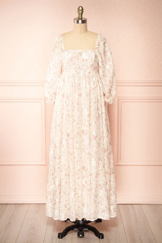 Eira | Beige Floral Maxi Babydoll Dress w/ Openwork