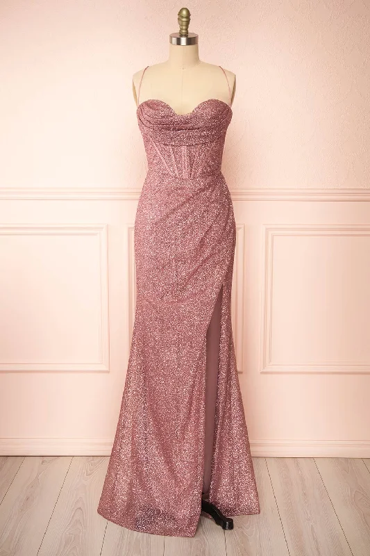 Frosti Mauve | Sparkly Cowl Neck Maxi Dress