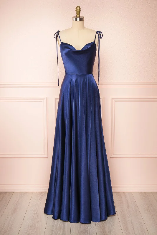 Moira Navy |  Cowl Neck Satin Maxi Dress w/ High Slit