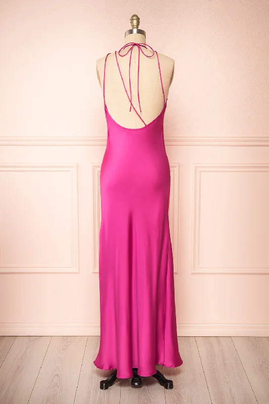 Nairobi Fuchsia | Satin Maxi Dress w/ Open Back