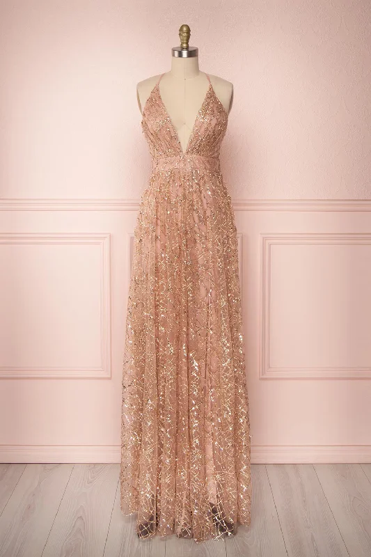 Tyffen | Pink & Gold Sequin Maxi Dress