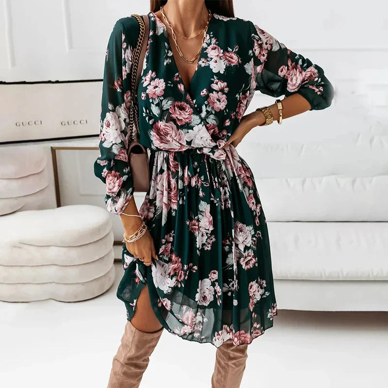 Chiffon Sleeve Floral Print 2024 Autumn Casual Deep V Neck Pleated Office Mini Dress