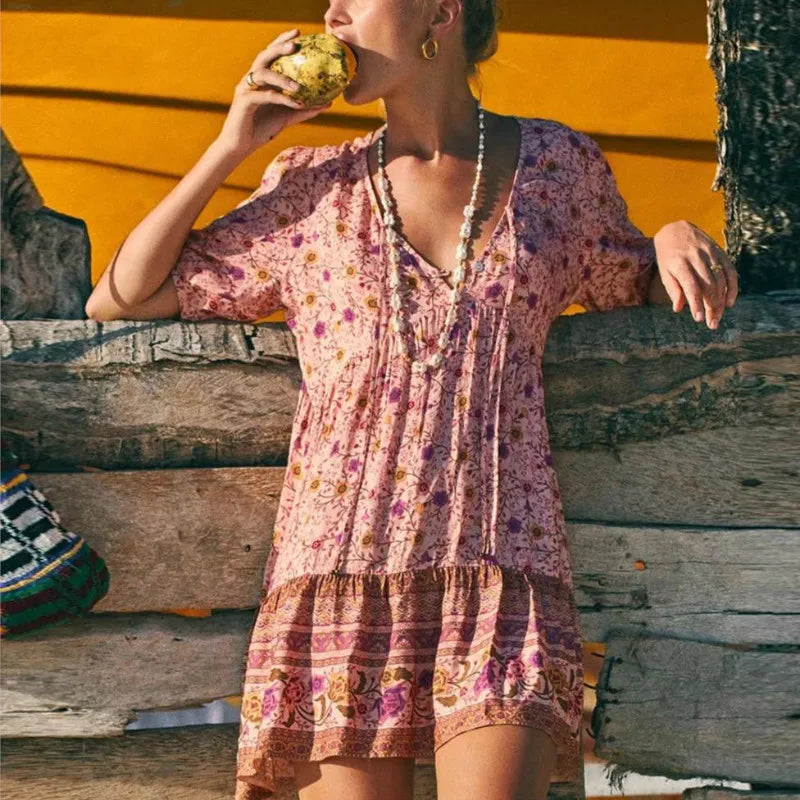 FashionSierra-Pink  Floral Print  Robe  A-line  Mini  Women 2024  Beach  V Neck  Short  Summer  Vintage  Loose  Casual Boho Dress