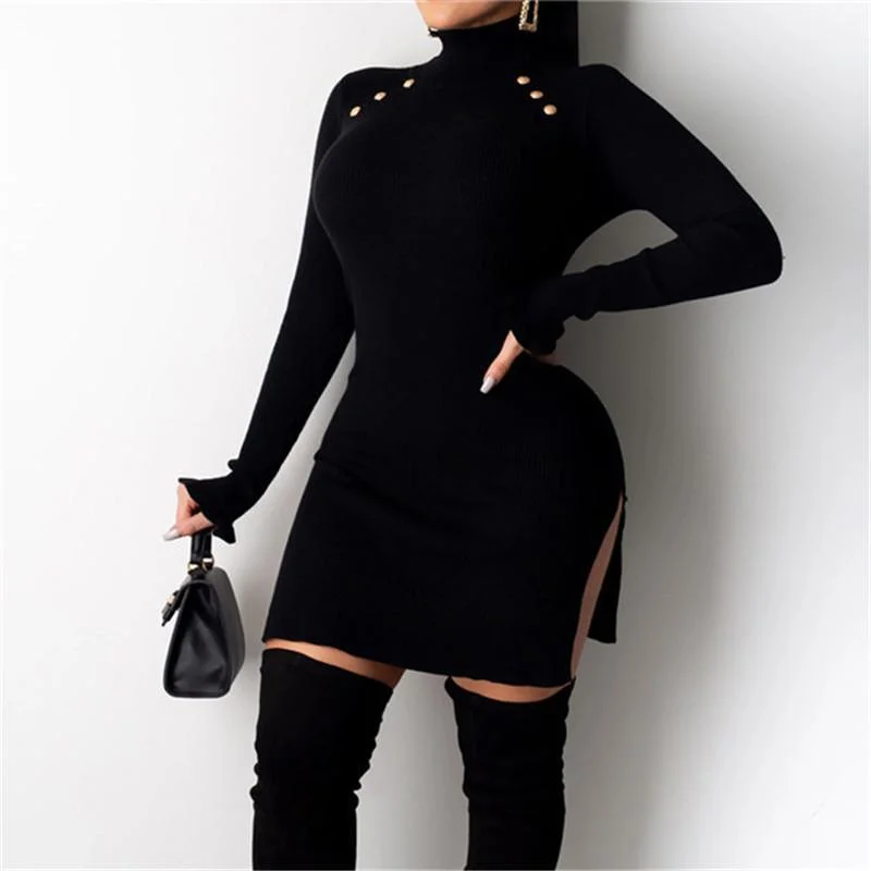 FashionSierra - High Neck Buttoned Slit Bodycon Dress Women Solid Black Long Sleeve Mini Dresses Winter  Casual Mini Vestidos De Verano