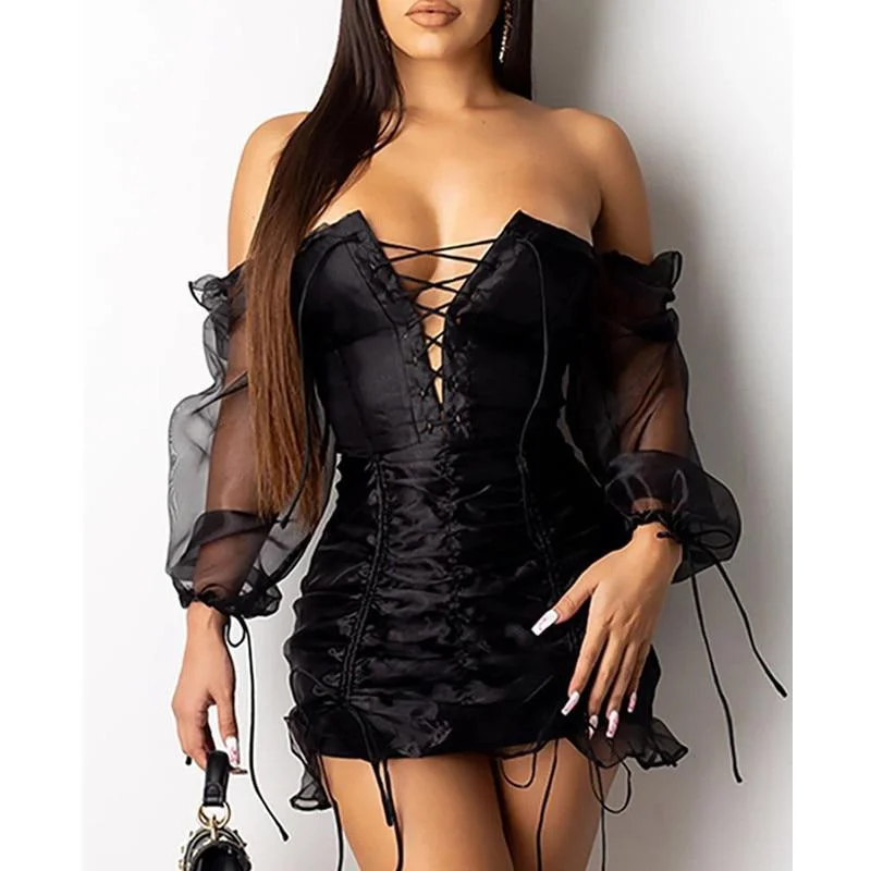 FashionSierra - Lace Up Mesh Sleeve Dress Women Ruched Design Long Sleeve Bodycon Party Dress Summer Off Shoulder Sexy Mini Dresses