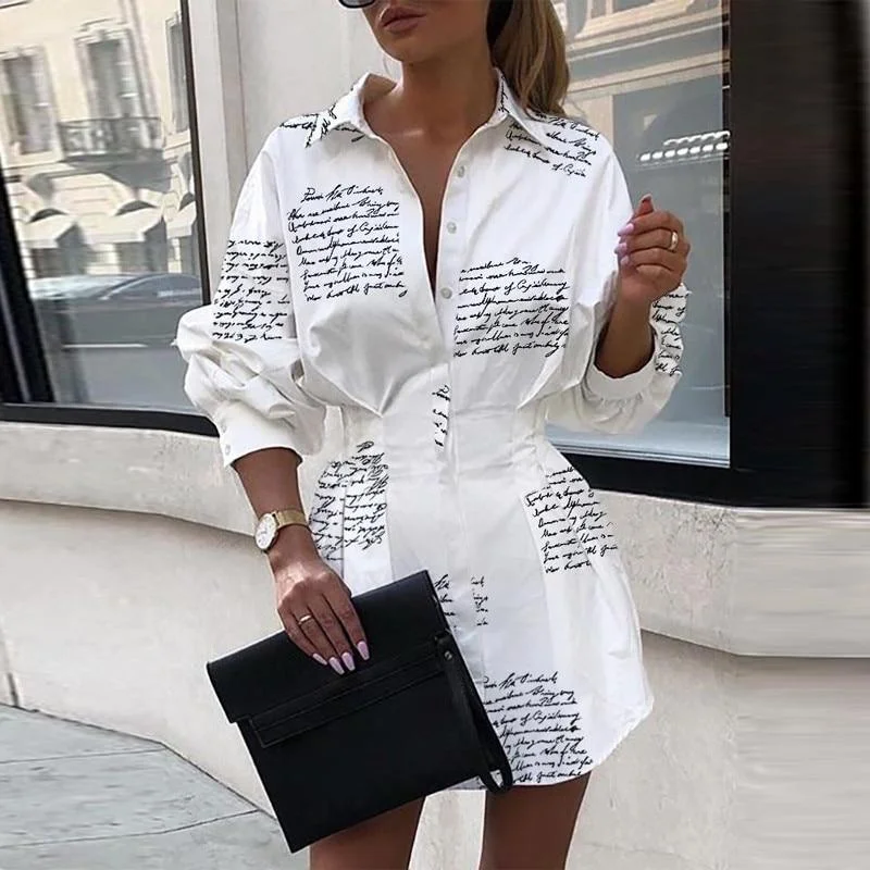 FashionSierra - Letter print tight wasit shrt drss women Long sleeve turn down collar plunge dress Autumn streetwear mini dresses vestidos