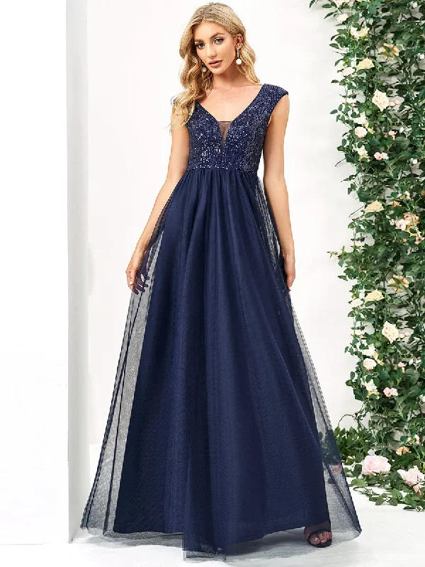 Sequin Illusion Plunging V-Neckline Sleeveless A-Line Tulle Evening Dress