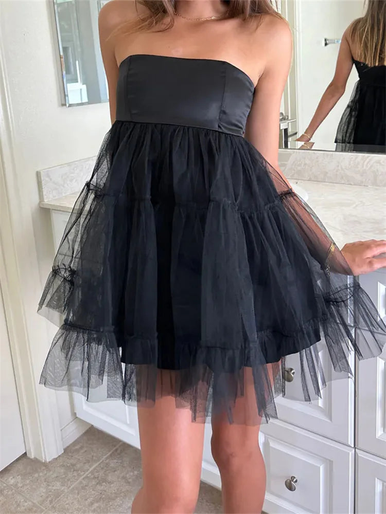 FashionSierra - 2024 Tulle Tutu Tube Solid Color Strapless Off Shoulder Mini Dress