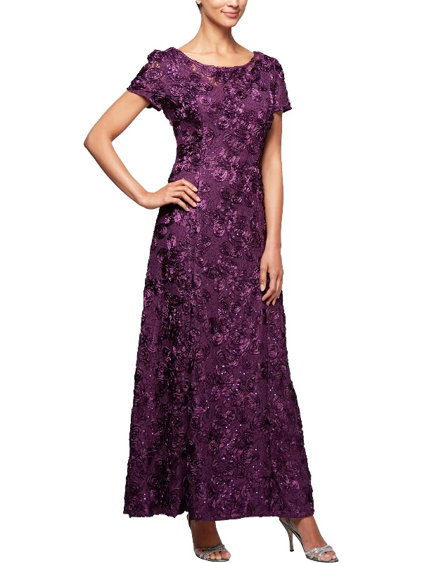 Womens Lace Overlay Embroidered Evening Dress