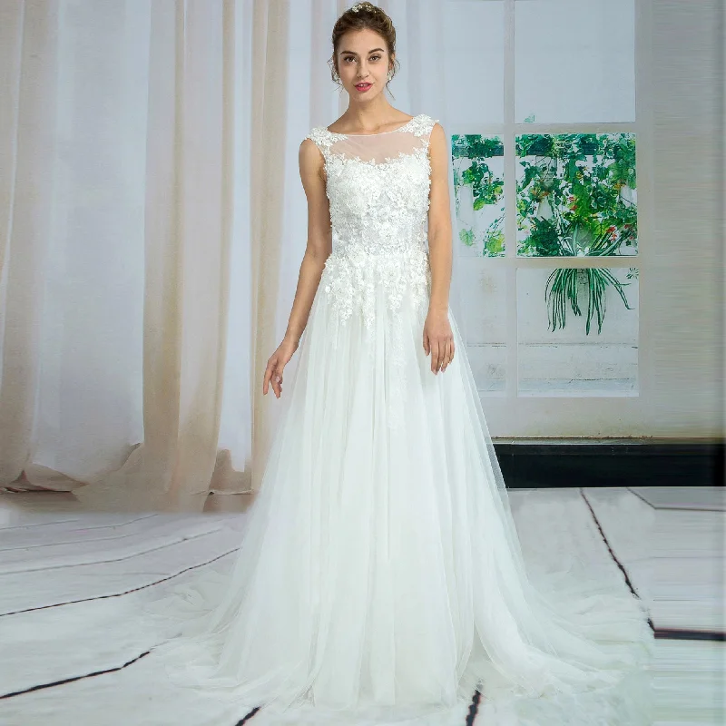 Cap Sleeve Sheer Neckline Bodice Wedding Dress with Tulle Lace