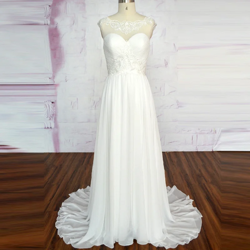 Capped Sheer Neck Ruched Chiffon Sheath Bridal Wedding Dress