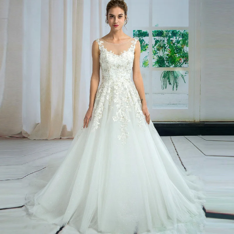 Classic Sheer Neckline Tulle Ballgown Wedding Dress Embroidery Lace