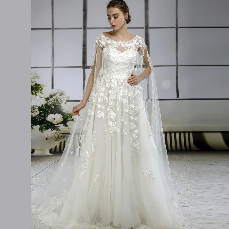 Flowy Sweetheart Tulle Lace A-line Wedding Dress with Cape