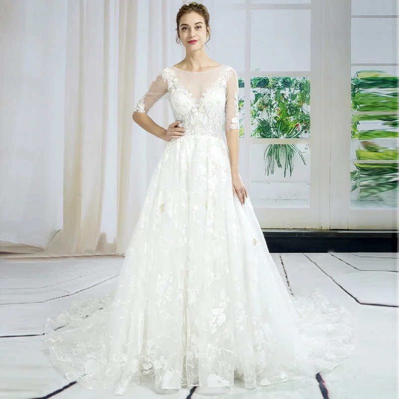 Half Sleeve Sheer Floral Lace A-line Wedding Dress with Chaple Train