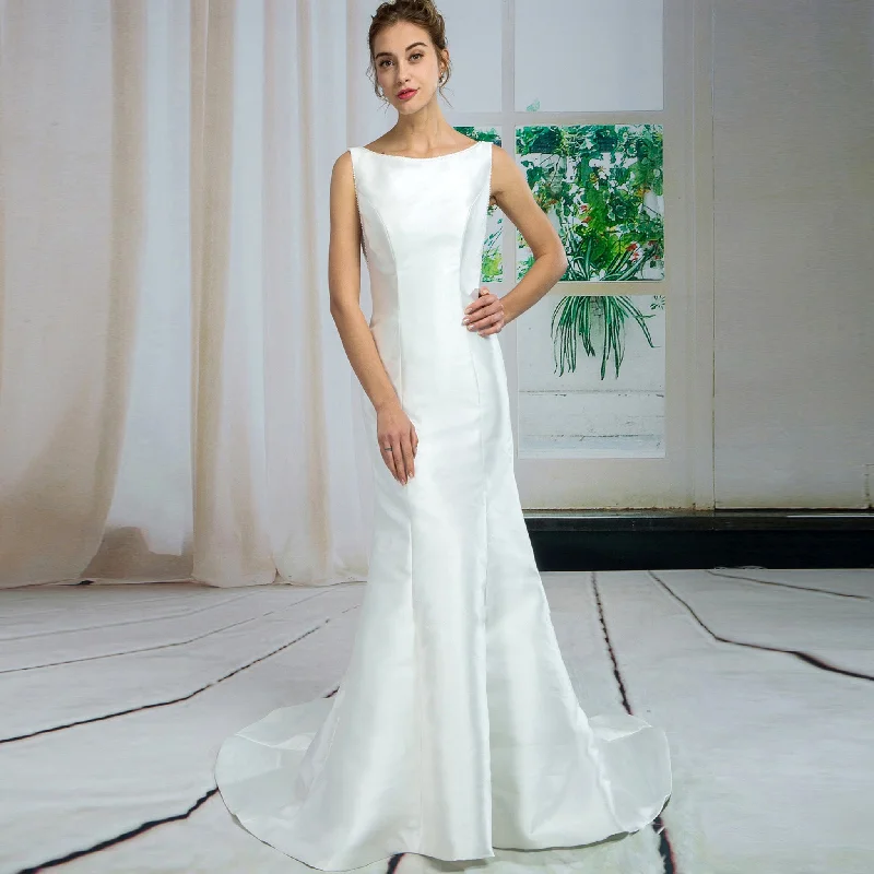 High Boat Neck Simple Satin Mermaid Wedding Dresses Low V-Back