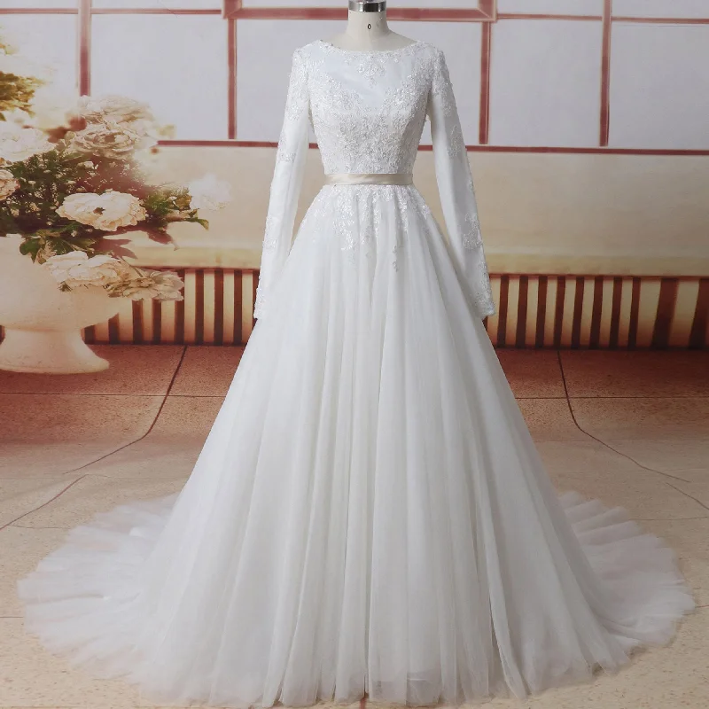 Long Sleeve High Boat Neck Satin Tulle Bridal Wedding Dress