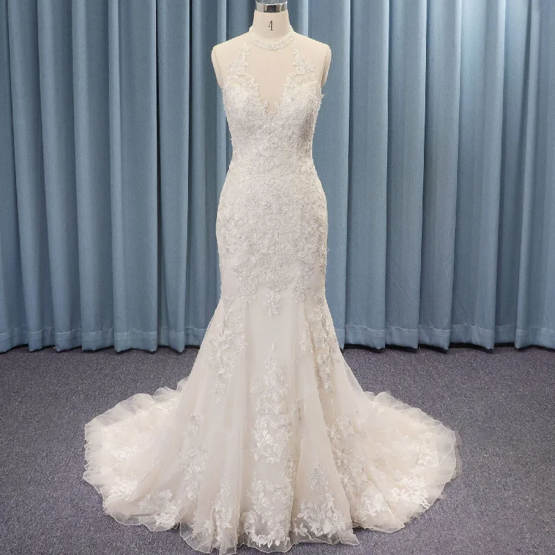 Modern Mermaid Trumpet Halter Lace Wedding Dress Keyhole Back