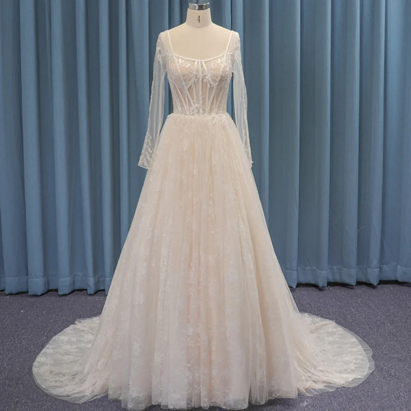 Sheer Long Sleeve Square-neck A-line Wedding Dress