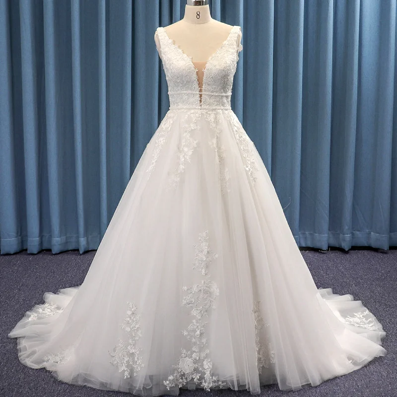 Sexy Double V Plunging Sheer Neck Lace Tulle Wedding Dress