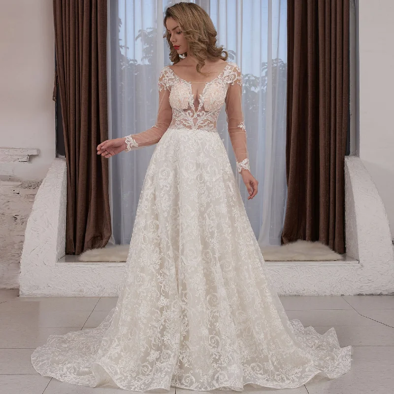 Sheer Bodice and Long Sleeve Floral Lace A-line Wedding Dress Backless