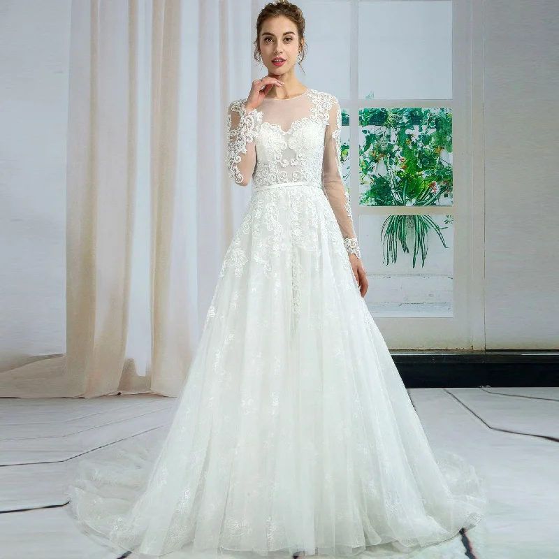 Sheer Bodice Floral Lace Tulle A-line Wedding Dress Long Sleeve