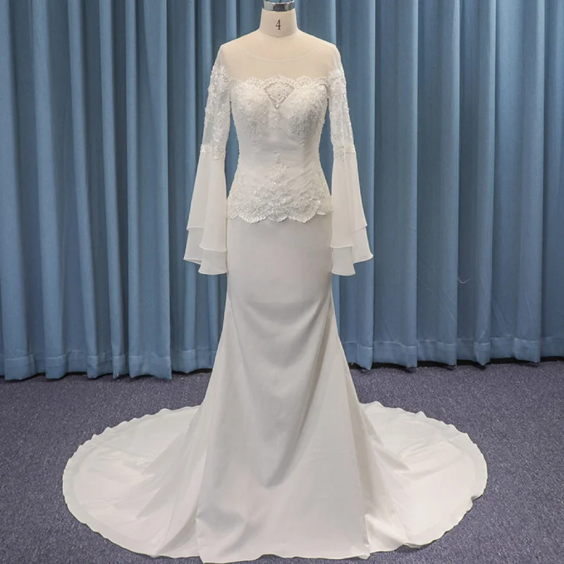 Sheer Long Sleeve and Scallop Neckline Trumpet Wedding Dress