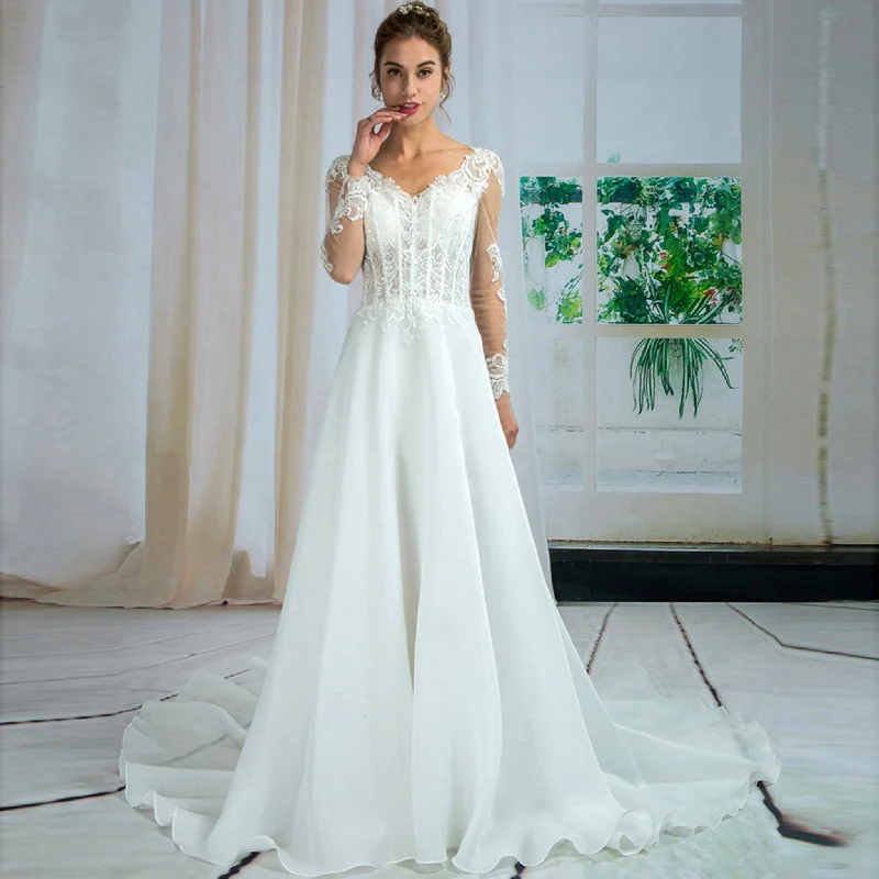 Sheer Long Sleeve V-neck & Back Bridal Gown Wedding Dress