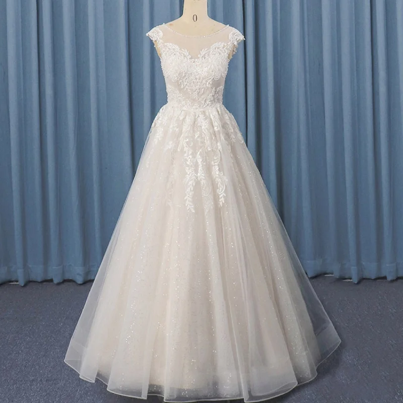 Sheer Neck A-line Sparkly Floor Length Wedding Dress