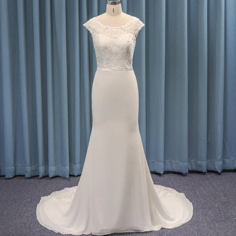 Sheer Neck Cap Sleeve Fit and Flare Satin Lace Wedding Dress