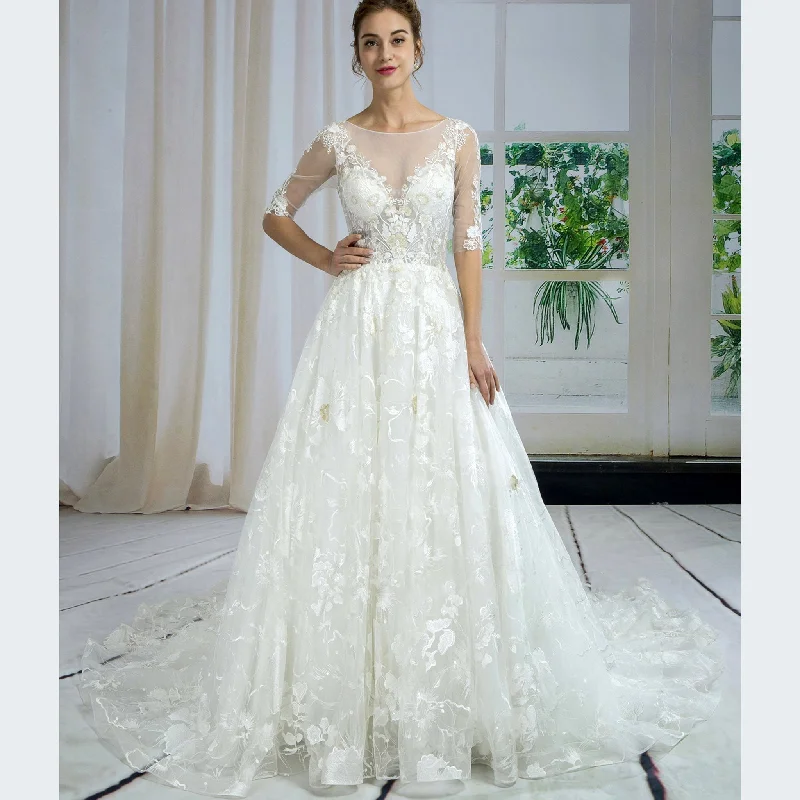 Sheer Neck Half Sleeves Wedding Dresses Bridal Gowns