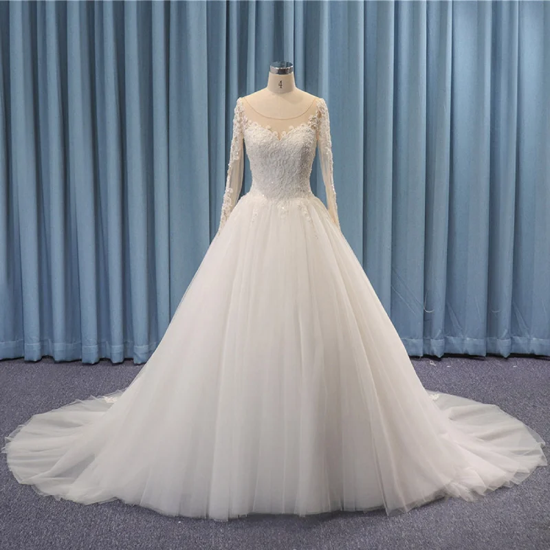 Sheer Neck Long Sleeve Lace Tulle Puff Ball Gown Wedding Dress