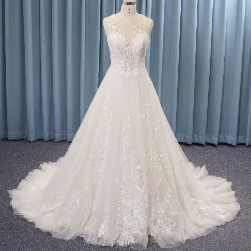 Sheer Neck Modern Tulle Lace A-line Wedding Dress