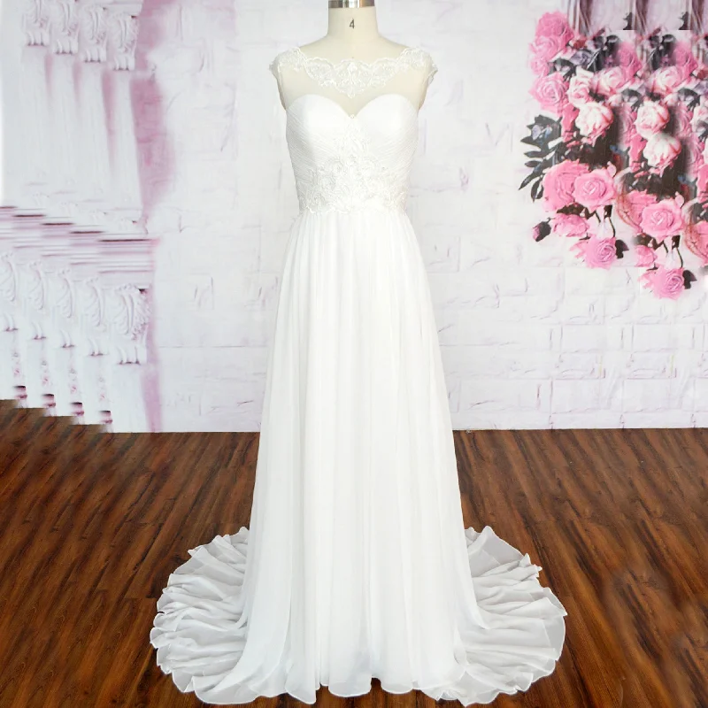 Sheer Neck Plunging Sweetheart Sheath Chiffon Wedding Dresses