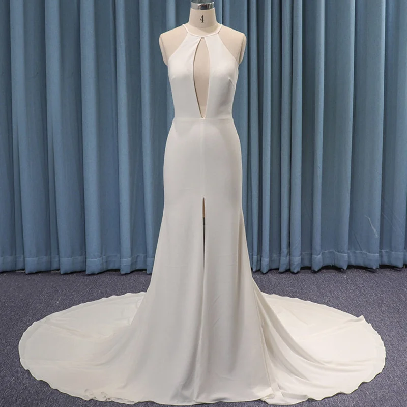 Simple Halter Mermaid Slit Satin Wedding Dress with Keyhole