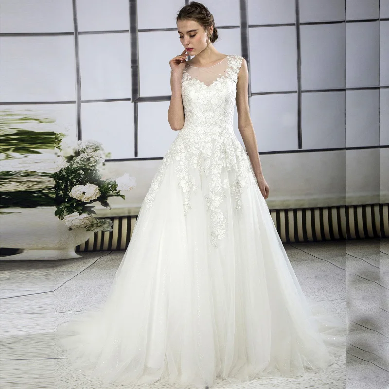 Sparkly Tulle Embroidery Lace Wedding Dress with Cathedral Train